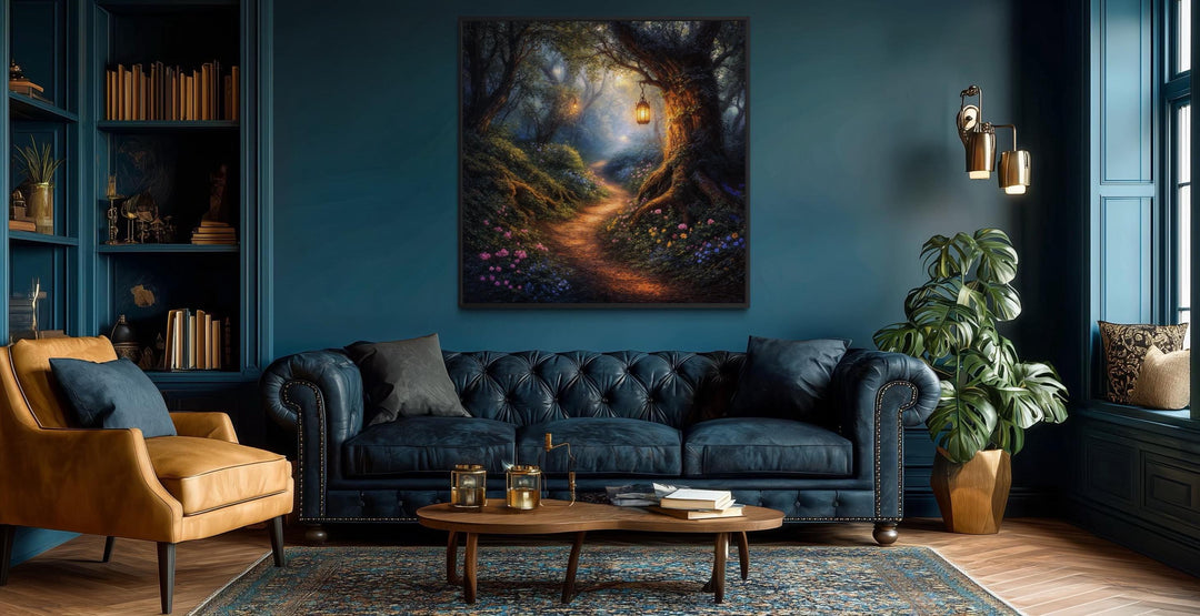 Enchanted forest canvas wall art featuring a glowing woodland path in a moody, elegant living room.