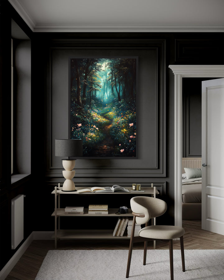 Enchanted Forest With Mystical Lights Framed Canvas Wall Art