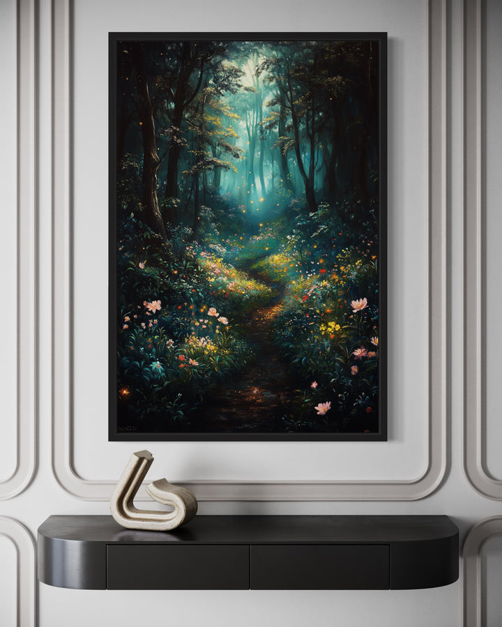 Enchanted Forest With Mystical Lights Framed Canvas Wall Art