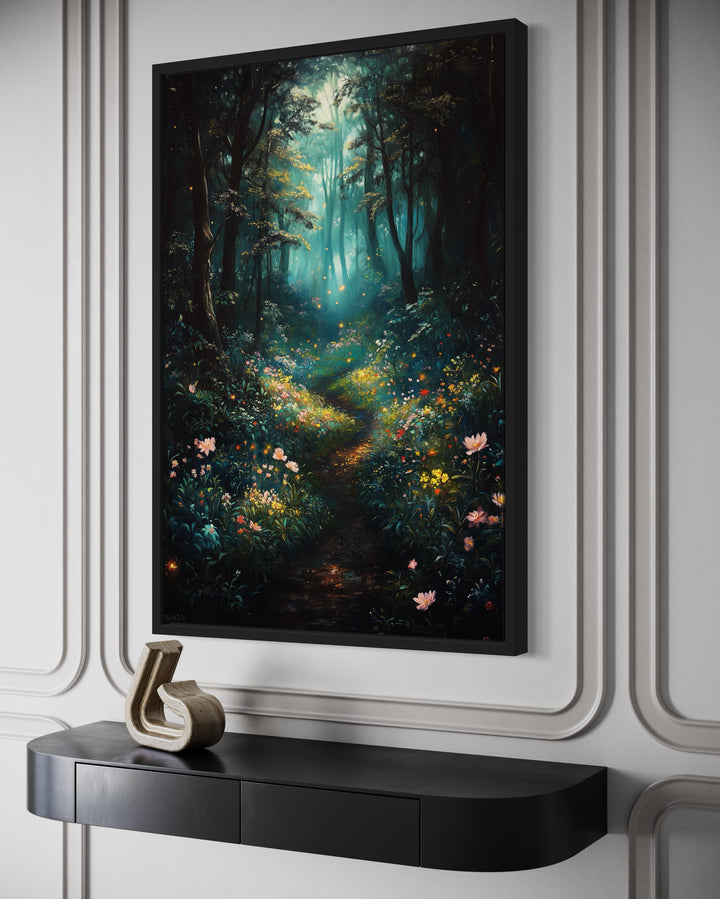 Enchanted Forest With Mystical Lights Framed Canvas Wall Art