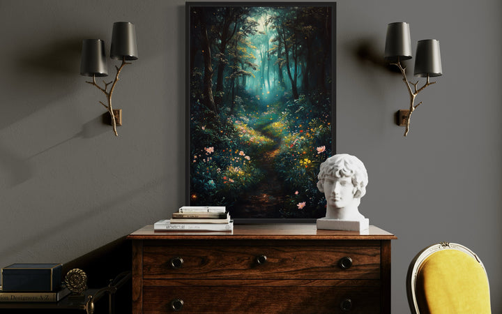 Enchanted Forest With Mystical Lights Framed Canvas Wall Art