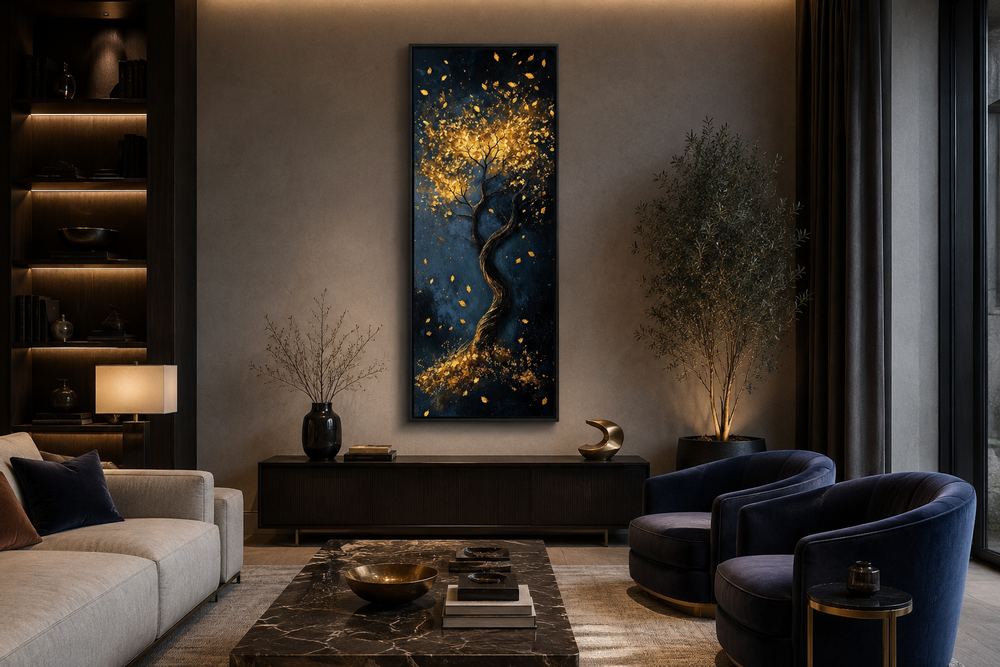 Vertical narrow wall art of an enchanted golden tree on a deep navy background in a modern room.