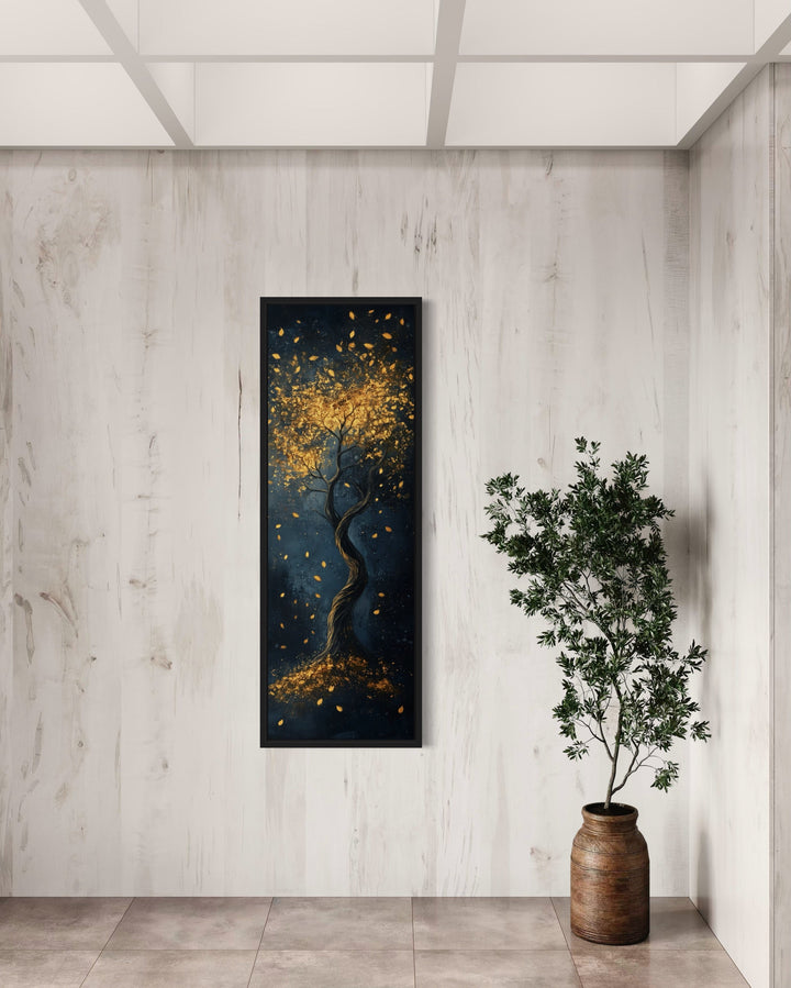 Enchanted Golden Tree On Navy Background Vertical Narrow Wall Art