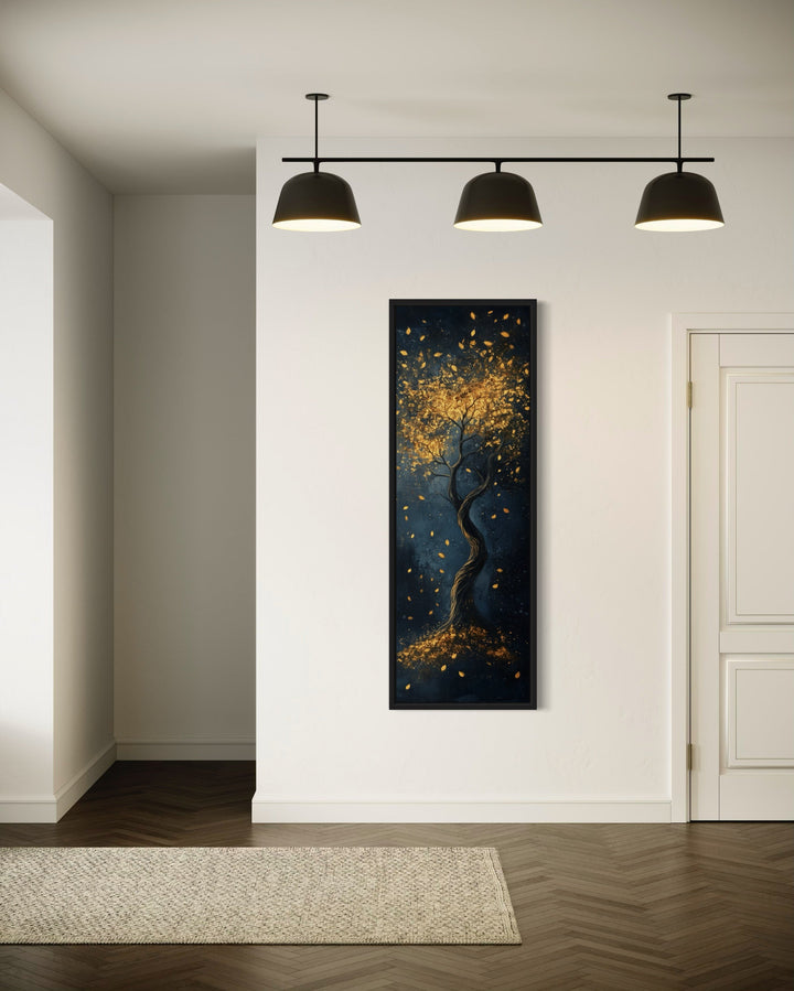 Enchanted Golden Tree On Navy Background Vertical Narrow Wall Art