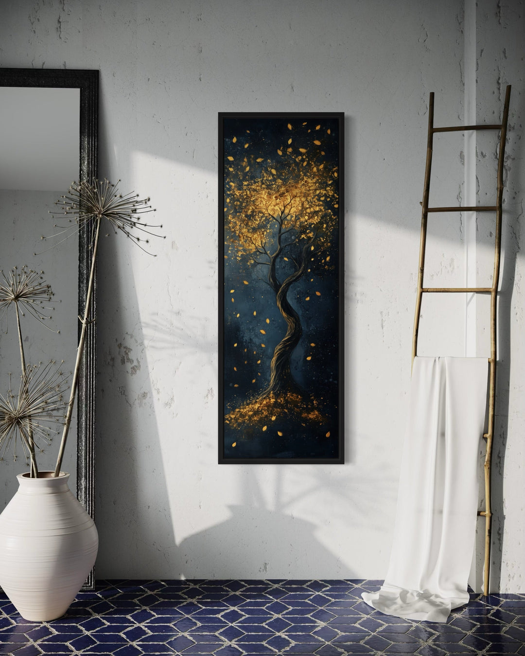 Vertical narrow wall art of an enchanted golden tree with shimmering leaves on a navy background.