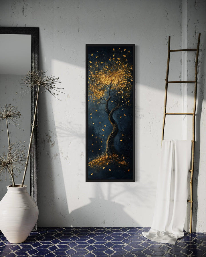 Vertical narrow wall art of an enchanted golden tree with shimmering leaves on a navy background.