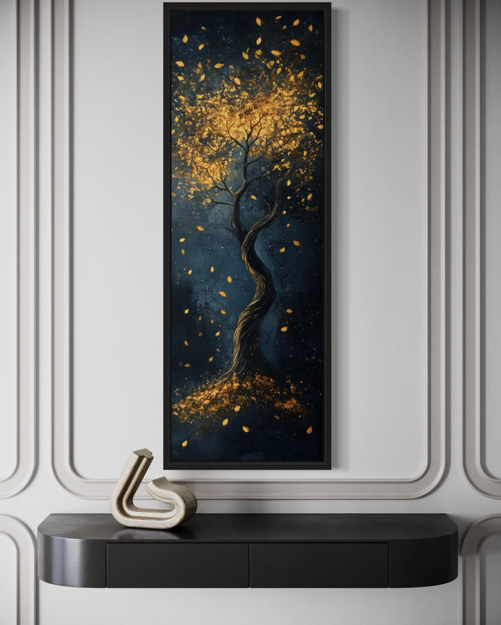 Enchanted Golden Tree On Navy Background Vertical Narrow Wall Art