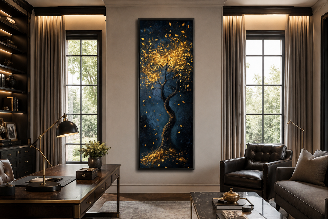 Vertical narrow wall art of a golden tree with shimmering leaves on a deep navy background.