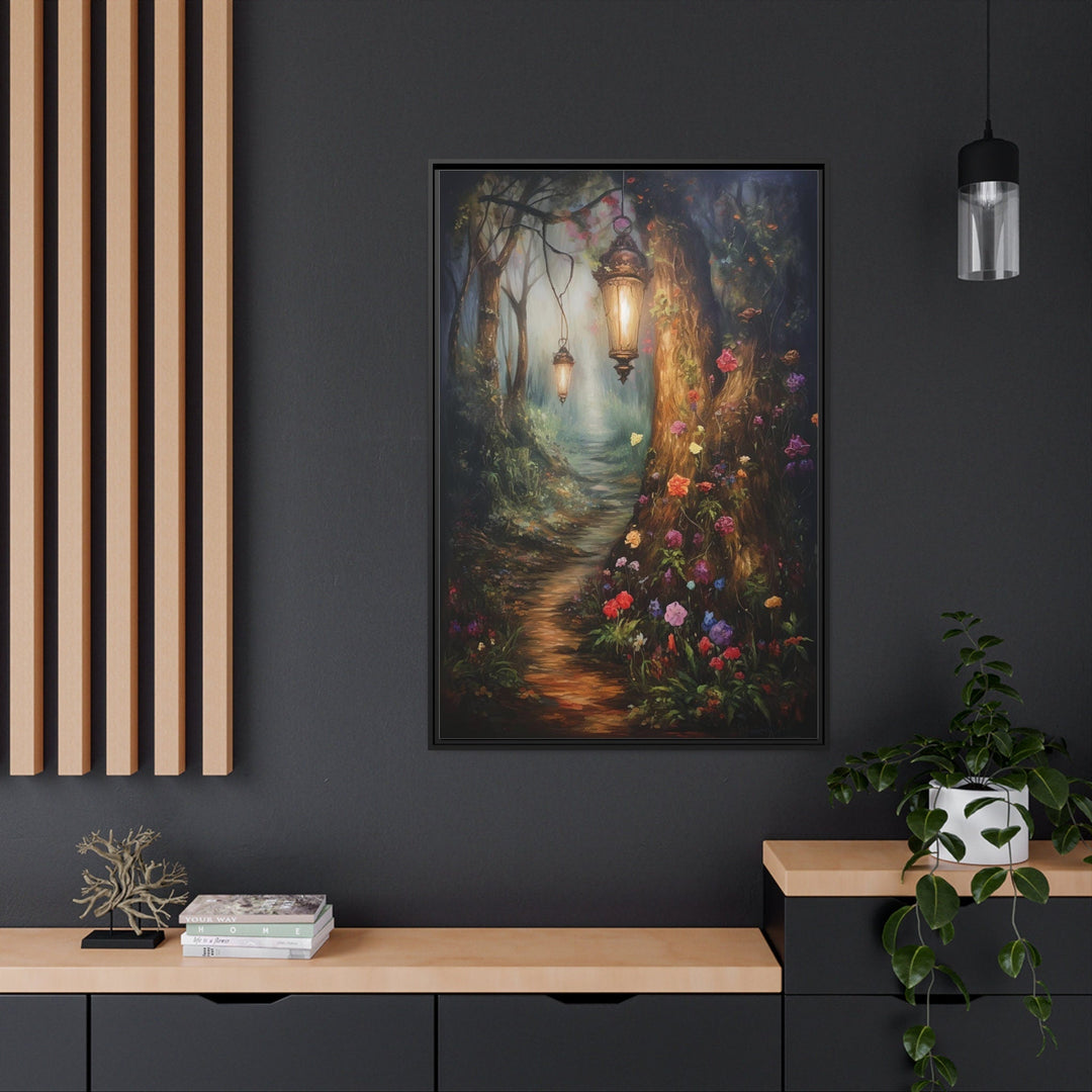 Enchanted Mystical Forest And Lighted Path Framed Canvas Wall Art