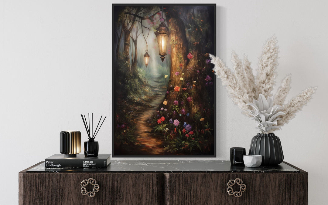 Enchanted Mystical Forest And Lighted Path Framed Canvas Wall Art