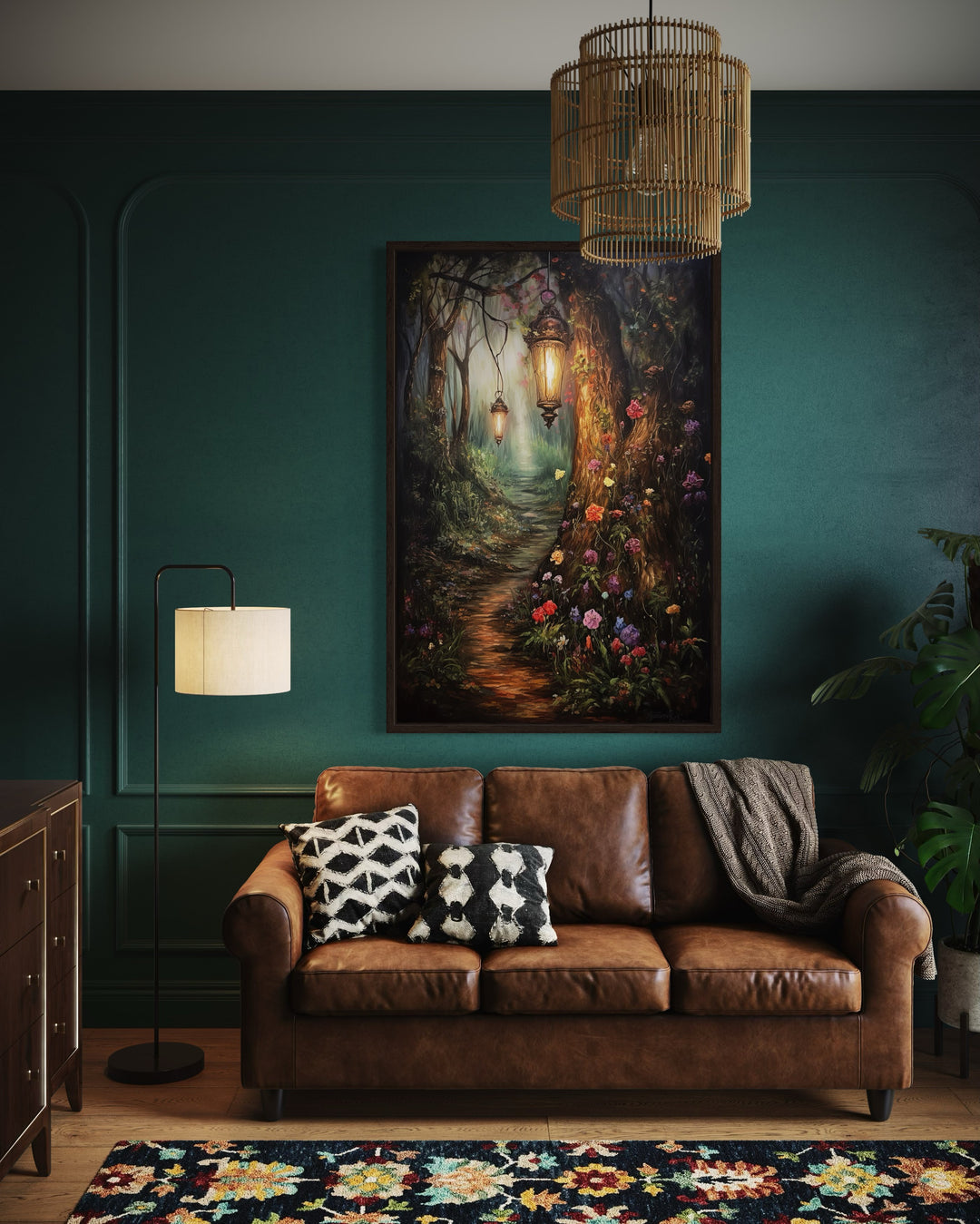 Enchanted Mystical Forest And Lighted Path Framed Canvas Wall Art