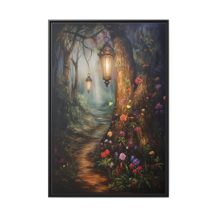 Enchanted Mystical Forest And Lighted Path Framed Canvas Wall Art