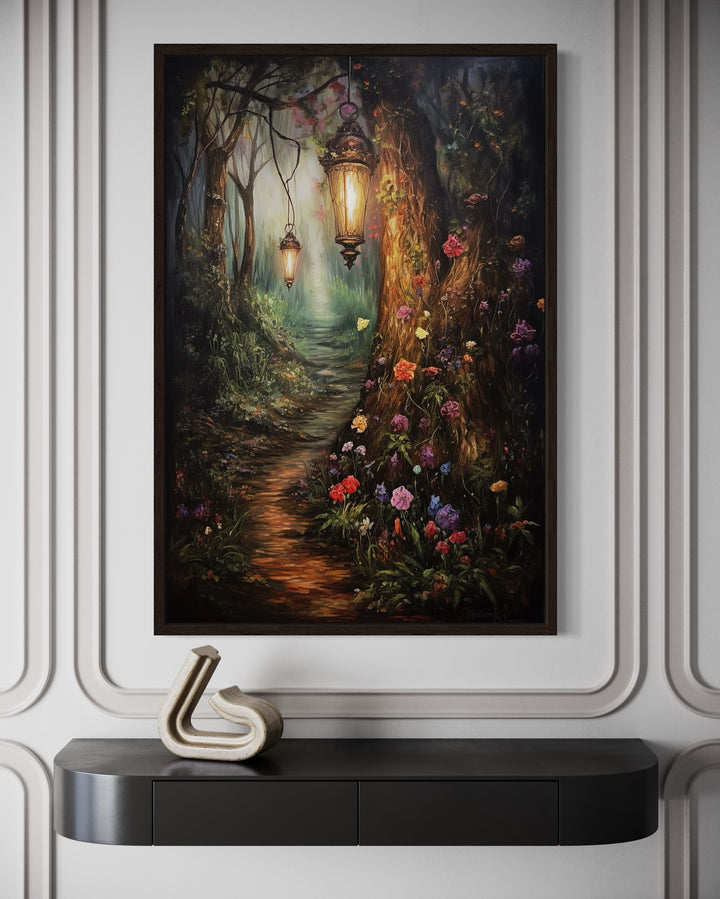 Enchanted Mystical Forest And Lighted Path Framed Canvas Wall Art