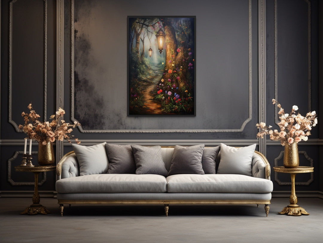 Enchanted Mystical Forest And Lighted Path Framed Canvas Wall Art