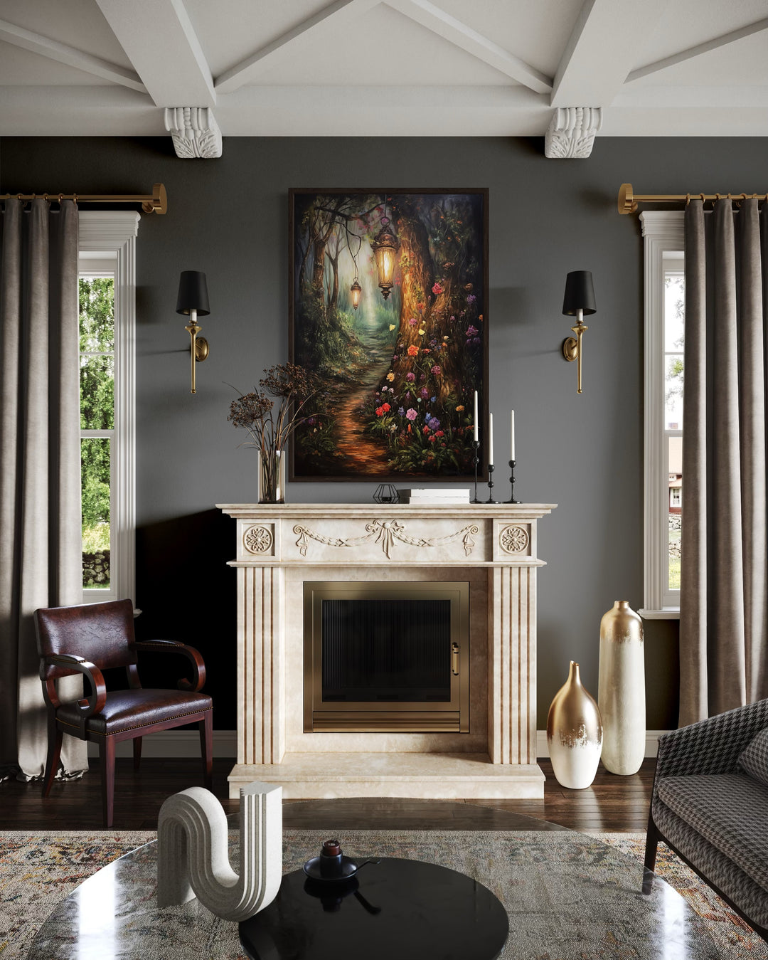 Enchanted Mystical Forest And Lighted Path Framed Canvas Wall Art