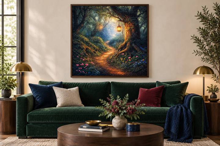 Enchanted Forest wall art featuring a glowing lantern on a woodland path above a green velvet sofa.