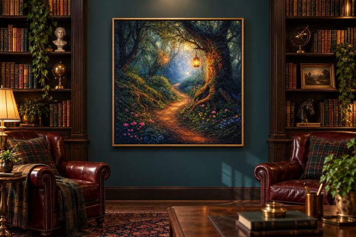 Enchanted Forest wall art featuring a glowing lantern on a woodland path in a cozy living room.