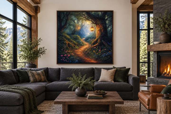 Enchanted forest wall art with a glowing lantern on a woodland path in a cozy living room.