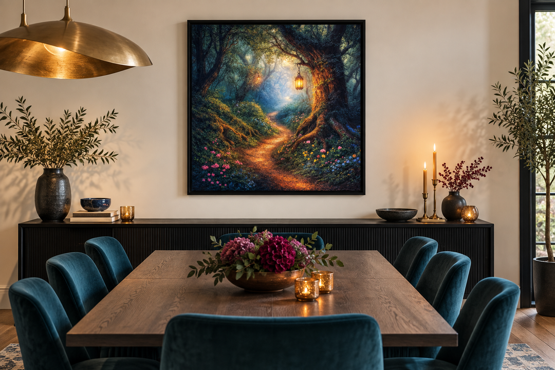 Enchanted forest wall art with a glowing lantern on a woodland path, framed above a dining table.