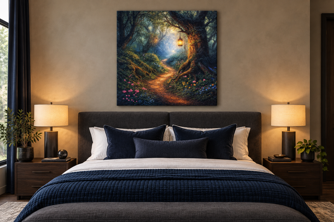 Enchanted forest wall art with a glowing lantern on a path, hanging above a bed in a cozy bedroom.