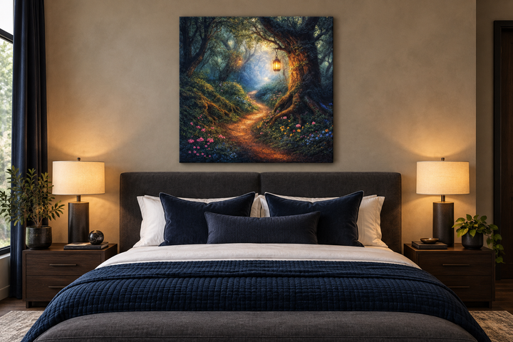 Enchanted forest wall art with a glowing lantern on a path, hanging above a bed in a cozy bedroom.