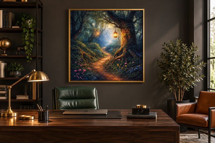 Enchanted forest wall art with a glowing lantern on a woodland path in a dark, cozy office setting.