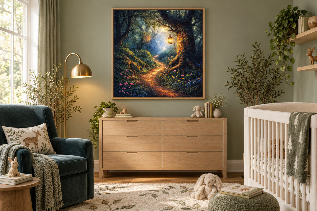 Enchanted forest wall art featuring a glowing lantern on a woodland path in a cozy nursery.
