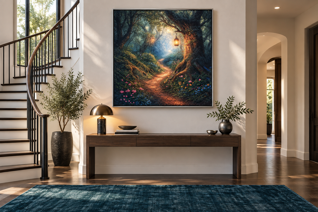 Enchanted forest wall art with a glowing lantern on a woodland path above a console table.