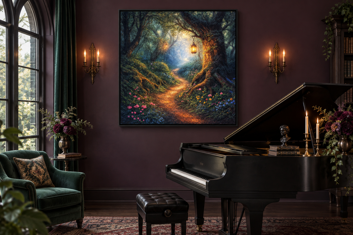 Enchanted forest wall art featuring a glowing lantern on a path, hanging in a dark, moody room.
