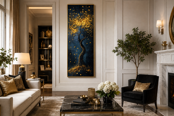 Vertical narrow wall art of an enchanted golden tree on a deep navy background in a living room.