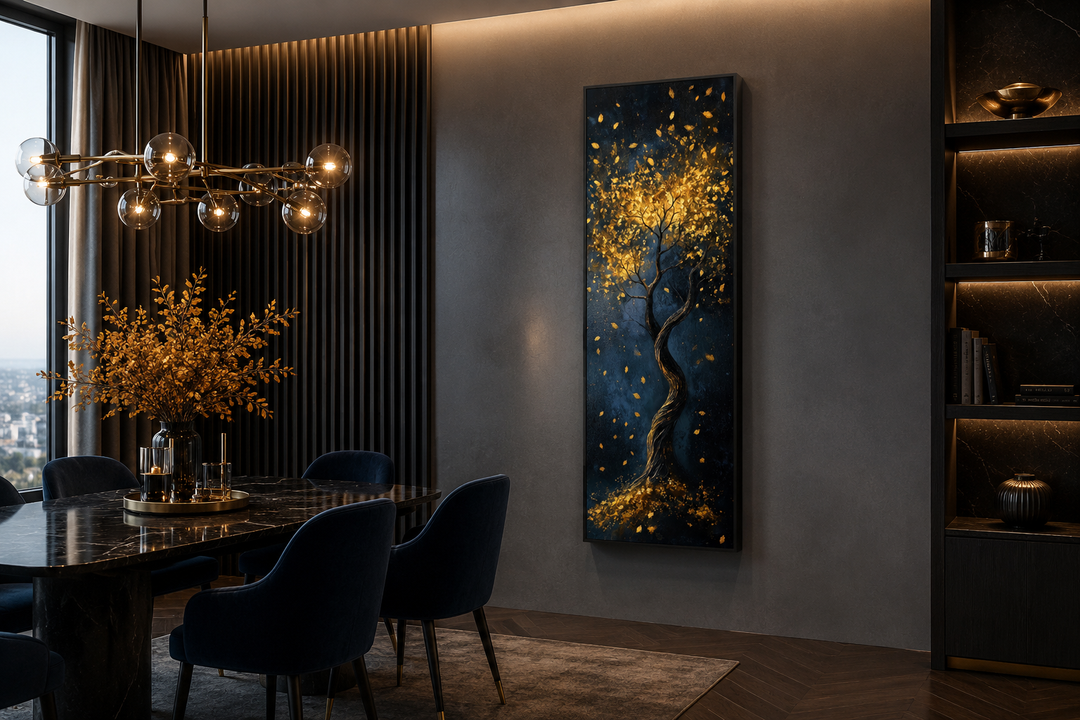 Vertical narrow wall art of an enchanted golden tree on a navy background in a modern dining room.