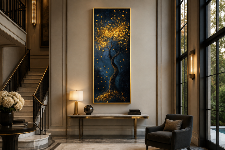 Vertical narrow wall art of a golden tree with shimmering leaves on a deep navy background.