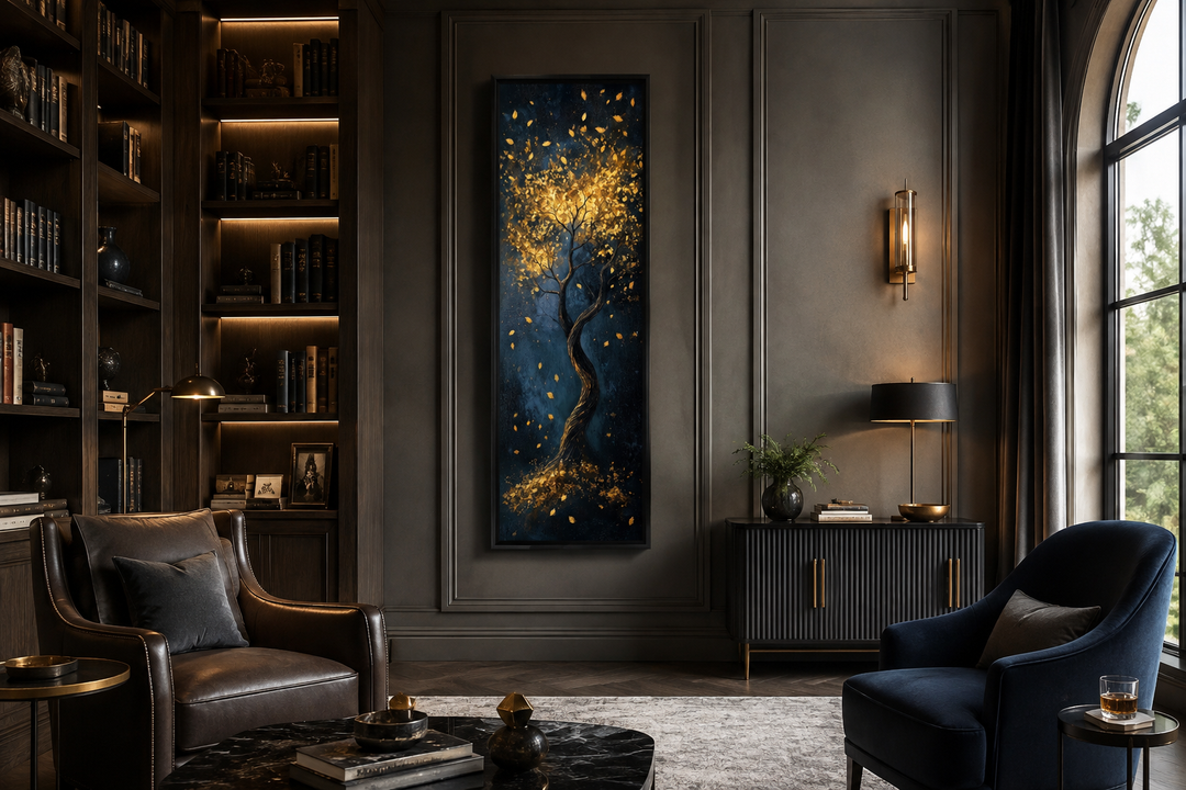 Vertical narrow wall art of a golden tree with shimmering leaves on a deep navy background.
