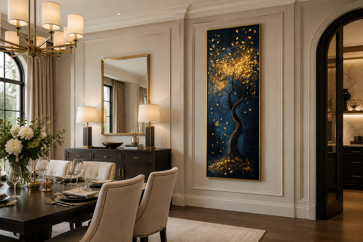 Vertical narrow wall art of an enchanted golden tree on a navy background in a dining room.
