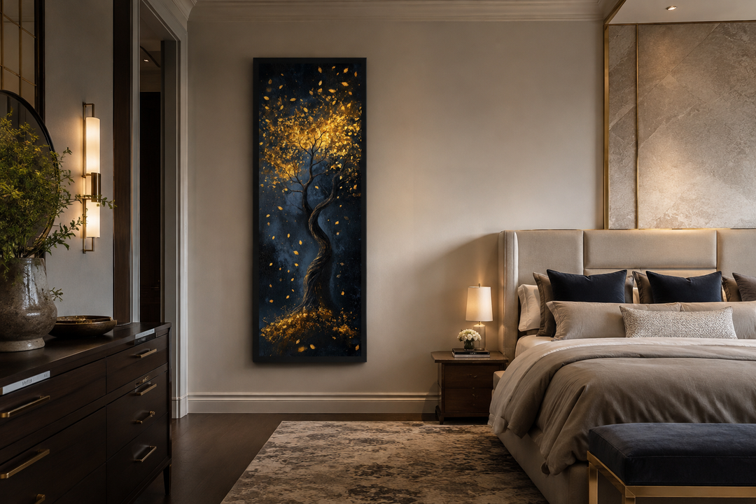 Vertical narrow wall art of a golden tree with shimmering leaves on a deep navy background.