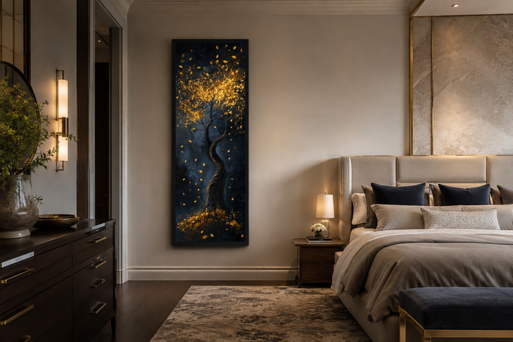 Vertical narrow wall art of a golden tree with shimmering leaves on a deep navy background.