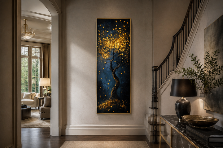 Vertical narrow wall art of an enchanted golden tree on a navy background in a home entryway.