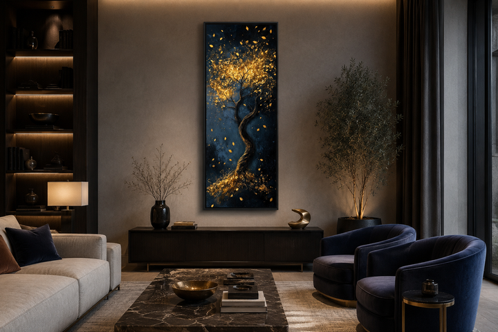 Vertical narrow wall art of an enchanted golden tree on a deep navy background in a modern room.