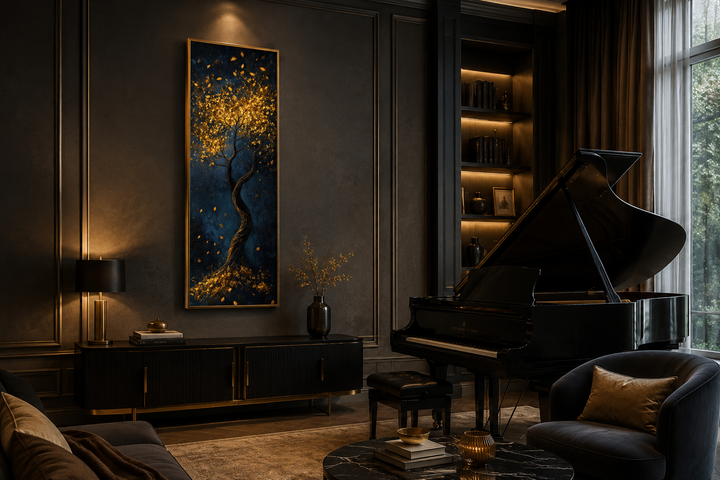 Vertical narrow wall art of a golden tree with shimmering leaves on a deep navy background.