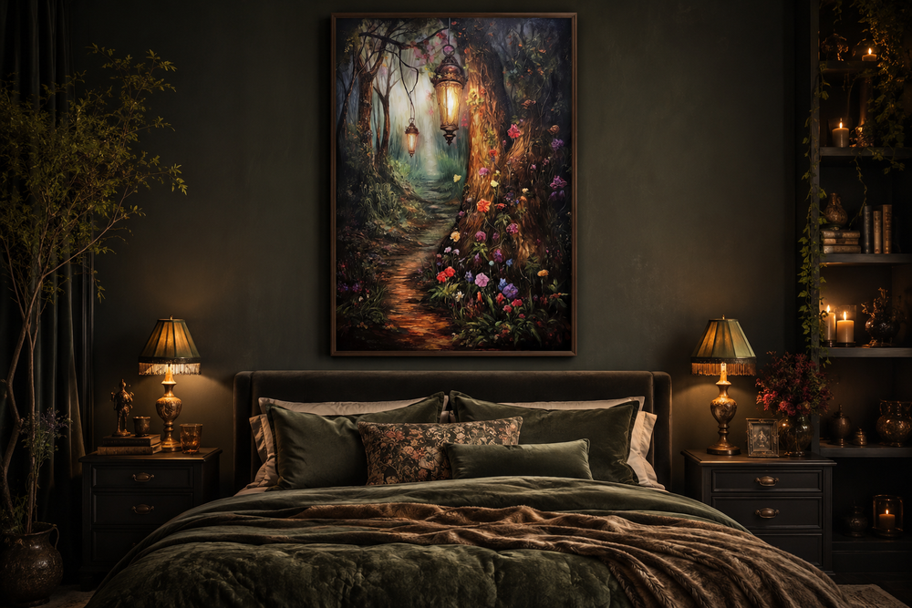 Enchanted forest framed canvas wall art with a lighted path hanging above a dark green bed.