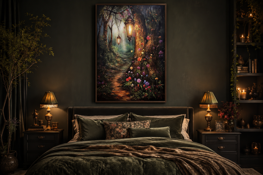 Enchanted forest framed canvas wall art with a lighted path hanging above a dark green bed.