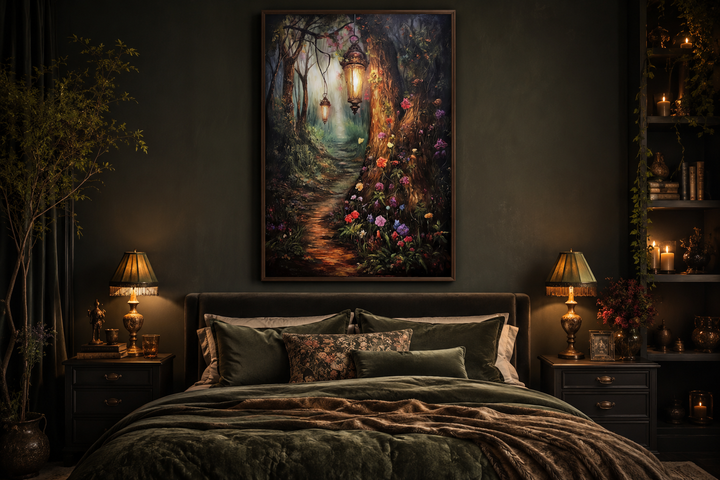 Enchanted forest framed canvas wall art with a lighted path hanging above a dark green bed.