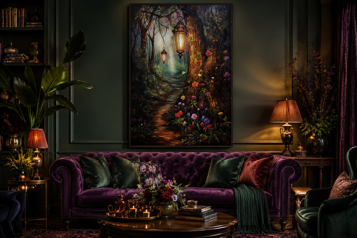 Enchanted forest and lighted path framed canvas wall art hanging above a purple velvet sofa.