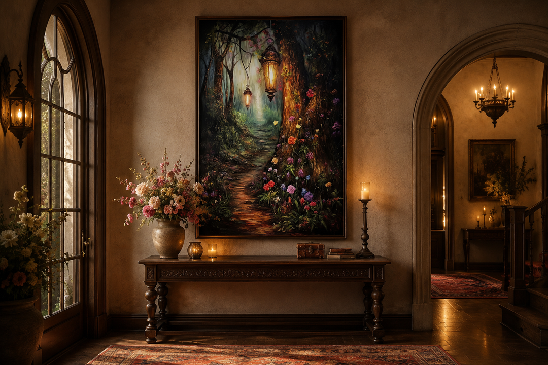 Enchanted mystical forest and lighted path framed canvas wall art displayed above a wooden console.