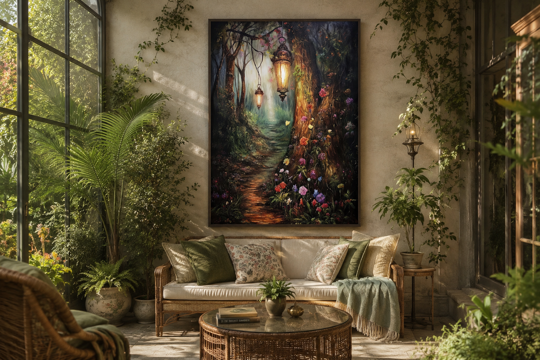 Enchanted mystical forest framed canvas wall art hanging above a sofa in a sunlit garden room.