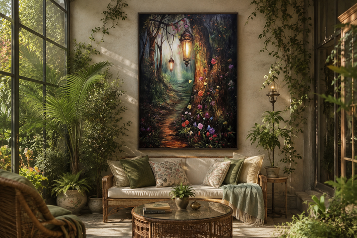 Enchanted mystical forest framed canvas wall art hanging above a sofa in a sunlit garden room.