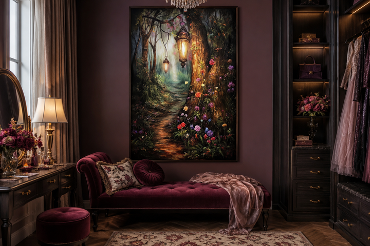 Enchanted forest framed canvas wall art featuring a mystical lighted path and glowing lanterns.