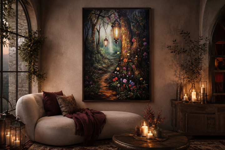 Enchanted forest framed canvas wall art featuring a glowing path and lanterns in a cozy room.