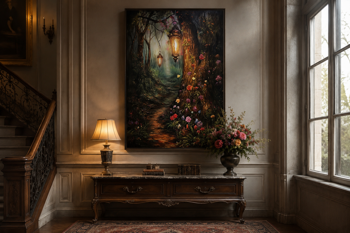 Enchanted forest framed canvas wall art with a lighted path and lanterns in a classic interior.