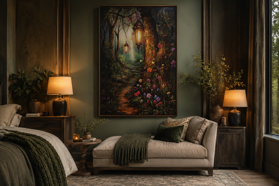 Enchanted forest and lighted path framed canvas wall art hanging in a dark green bedroom.